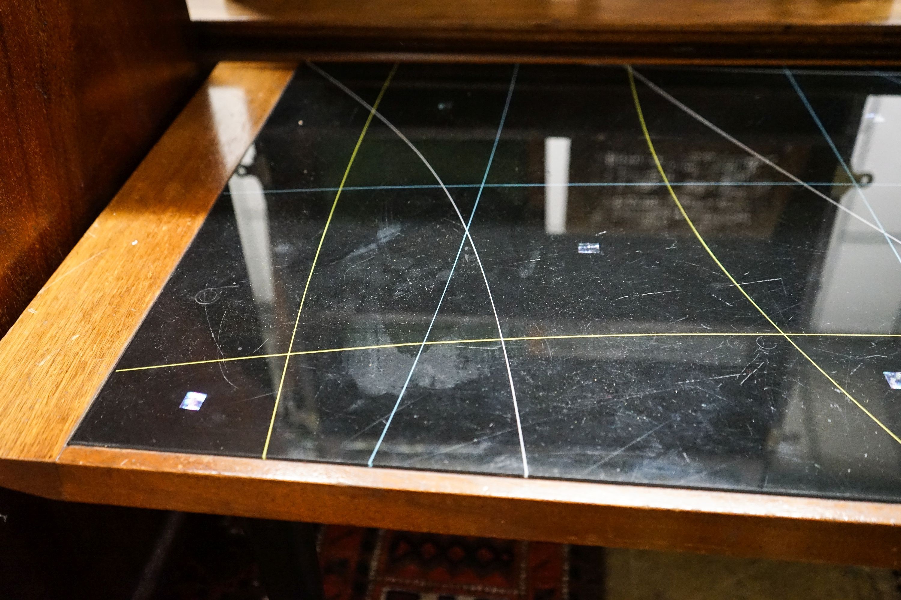 A mid century design teak and perspex 'Galaxy' rectangular coffee table, width 129cm, depth 46cm, height 42cm